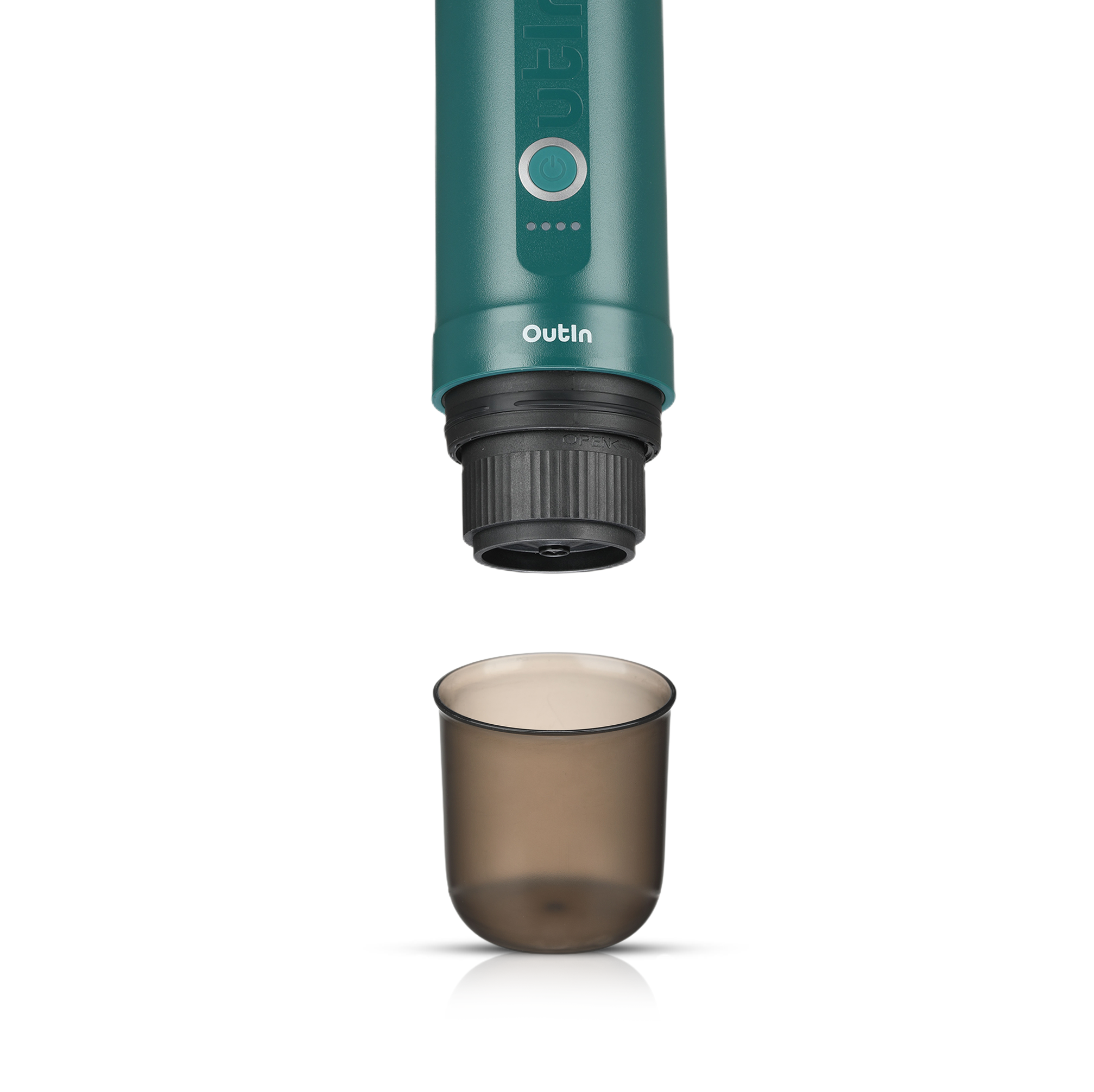 Outin Teal Nano Portable Espresso Machine above a dark-tinted cup.