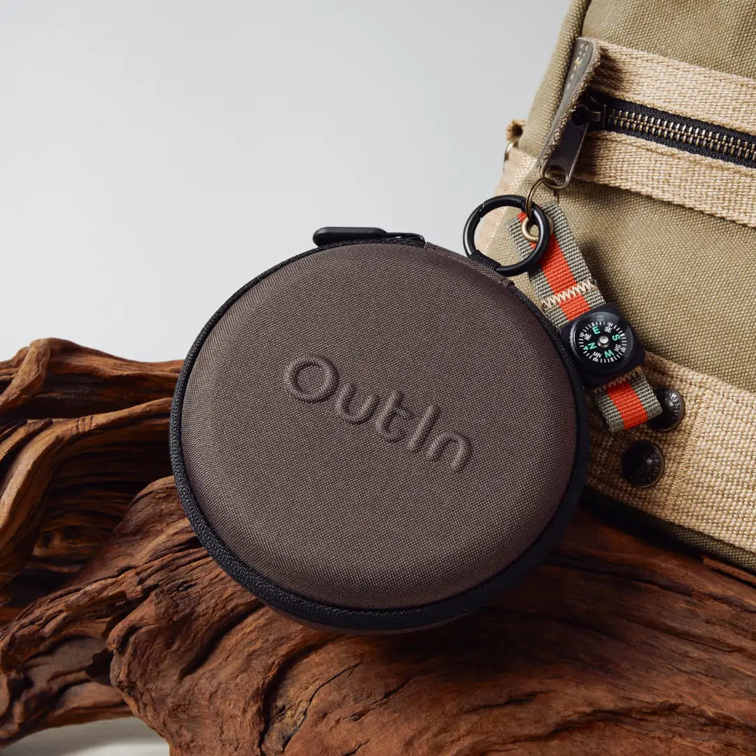 Outin carrying case for portable espresso machine, brown, with compass